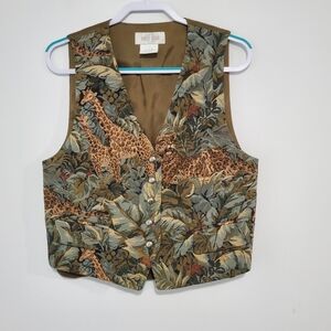 Tapestry Maximalist Vintage Animal Safari Print Vest Waistcoat Size Large Green